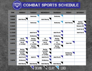 Schedule for bootcamp, boxing, kickboxing, jiujitsu classes